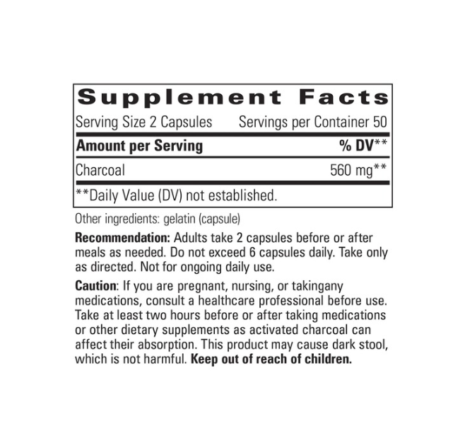 White bottle of Integrative Therapeutics Activated Charcoal dietary supplement, 100 capsules.