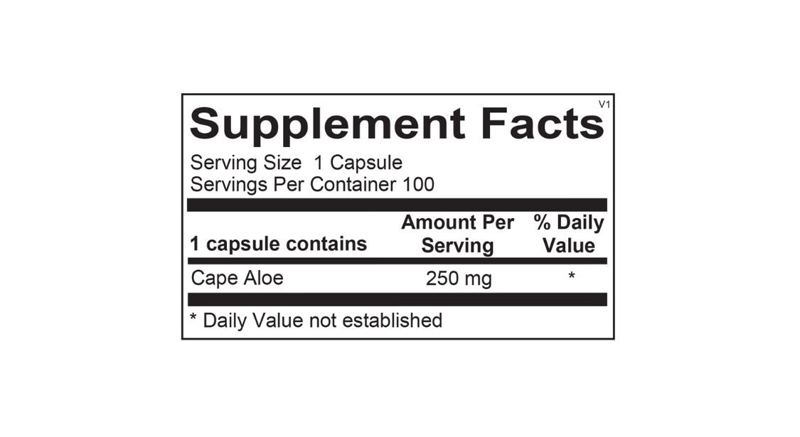 Bottle of Super Aloe 250 dietary supplement with white and blue label and black cap