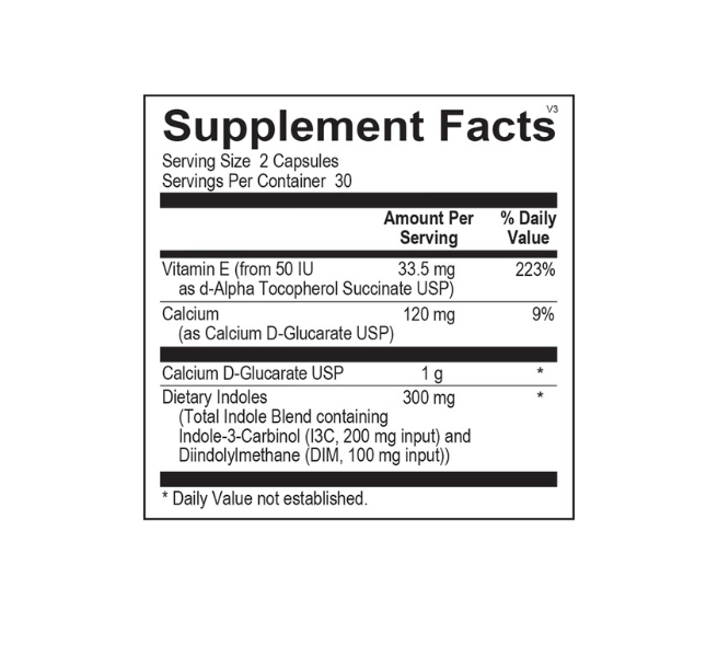 White supplement bottle labeled “CDG EstroDIM” with black cap on a white background