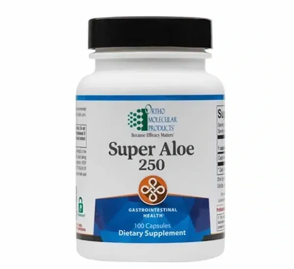 Bottle of Super Aloe 250 dietary supplement with white and blue label and black cap