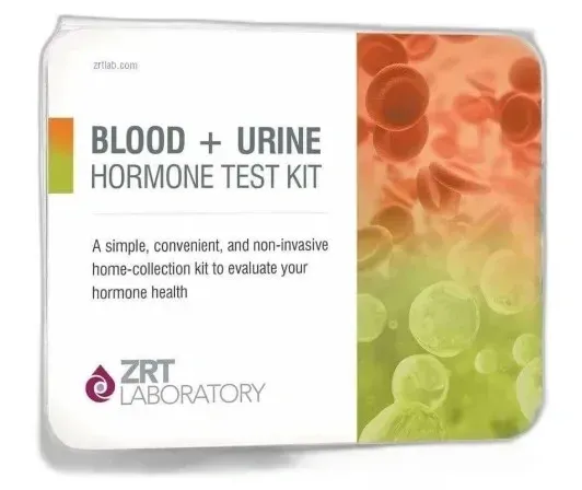 Blood and urine hormone test kit box with red and green cell graphics
