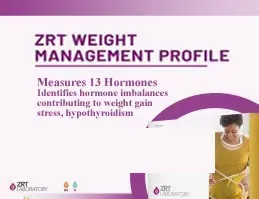 ZRT Weight Management Profile ad with purple banner, text on hormones and weight gain, and woman in yellow dress