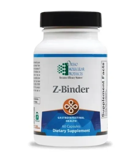 White supplement bottle labeled “Z-Binder” with black cap and blue label on a white background