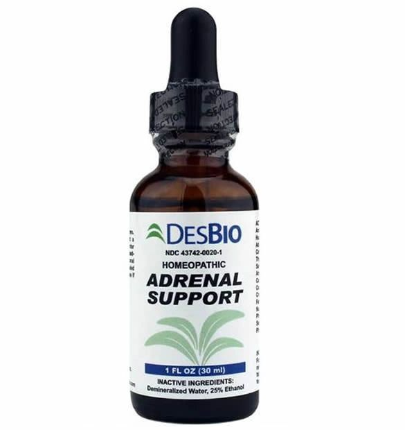 DesBio homeopathic Adrenal Support amber dropper bottle with white and blue label on white background
