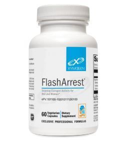 White bottle of Xymogen FlashArrest supplement with blue label on a white background