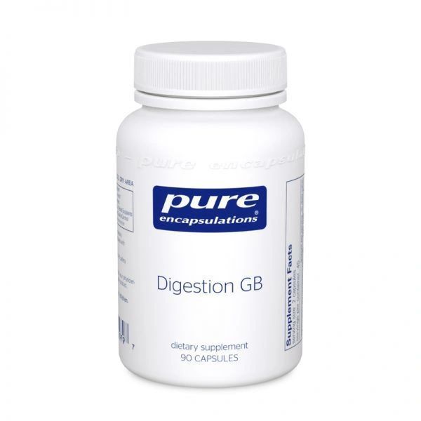 White bottle of Pure Encapsulations Digestion GB dietary supplement with blue label.