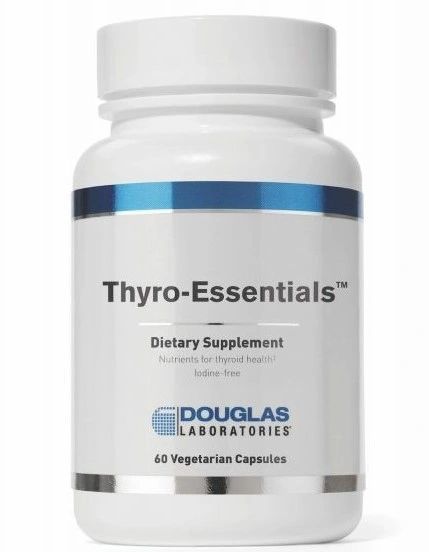 Thyro-Essentials dietary supplement bottle by Douglas Laboratories, white with blue stripe