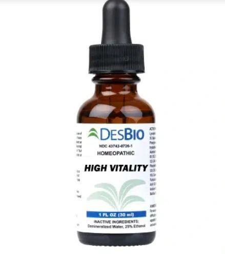 DesBio Homeopathic High Vitality tincture bottle with amber glass and black dropper cap