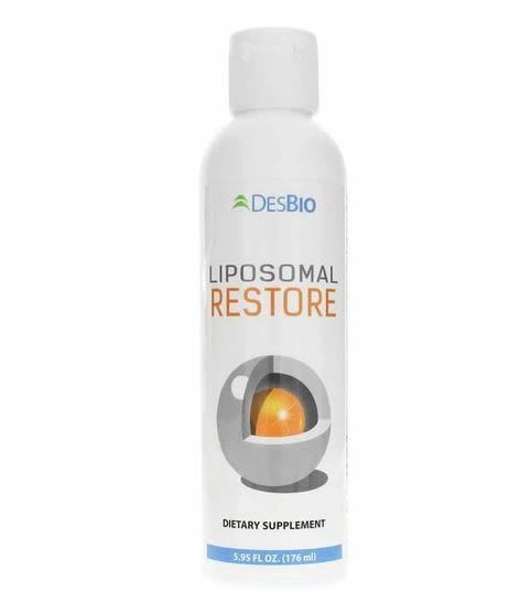 White DesBio Liposomal Restore dietary supplement bottle with orange accent label