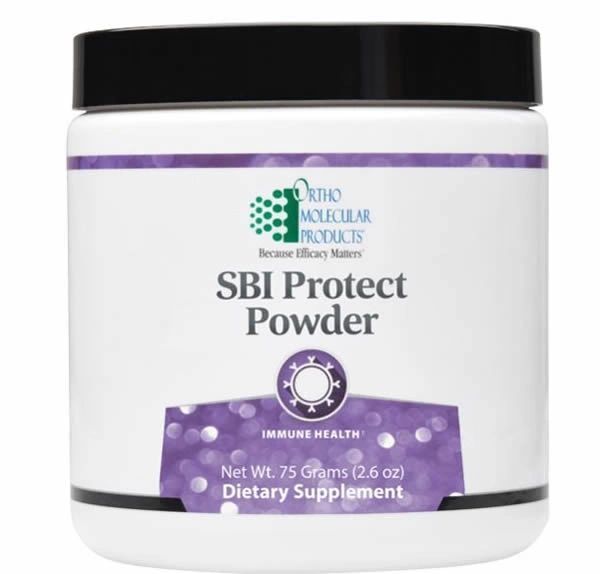 Ortho Molecular Products SBI Protect Powder jar with black lid and purple label for immune health