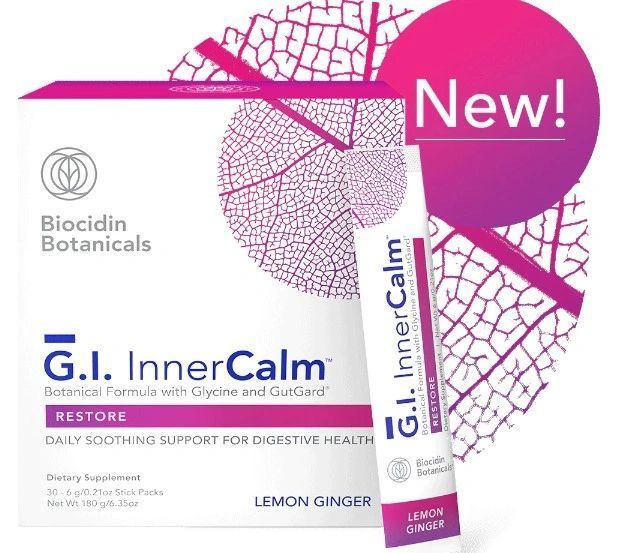 Biocidin Botanicals GI InnerCalm lemon ginger supplement packaging with “New!” label