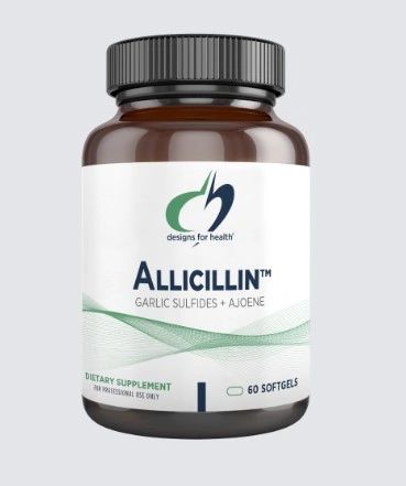Brown bottle of Alicillin garlic supplement with black cap and white label on a light background