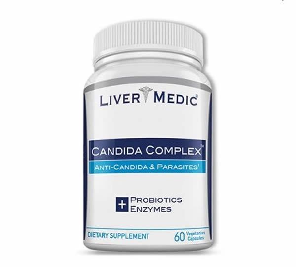 White supplement bottle labeled “Liver Medic Candida Complex” with blue and gray accents