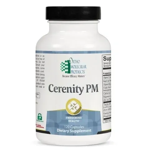 Bottle of Cerenity PM dietary supplement with white label and black cap
