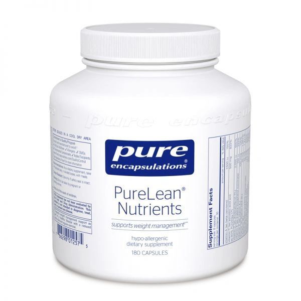 White bottle of Pure Encapsulations PureLean Nutrients dietary supplement with blue label.