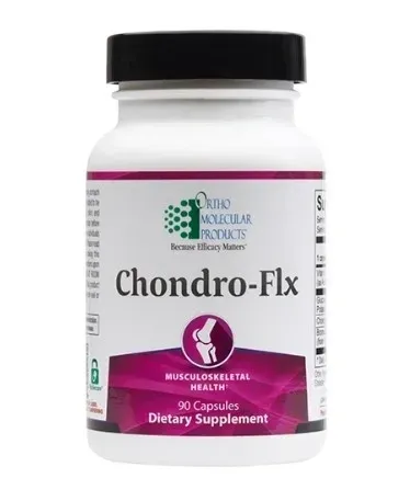 Bottle of Chondro-Flx dietary supplement, white and magenta label, black cap
