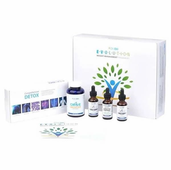 Detox supplement kit with white box, bottle, and several dropper vials on a white background