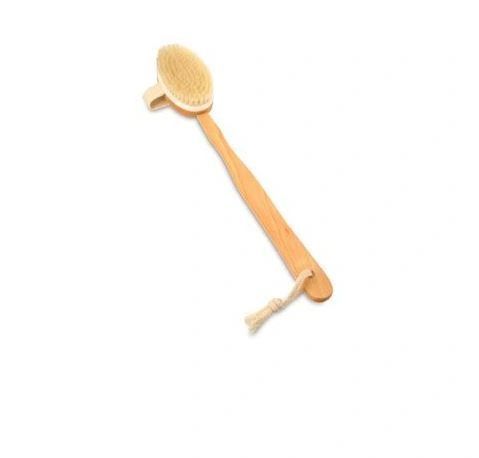 Wooden bath brush with natural bristles and a hanging rope on a white background