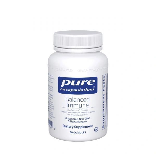 Pure Encapsulations Balanced Immune dietary supplement bottle with white cap and blue label