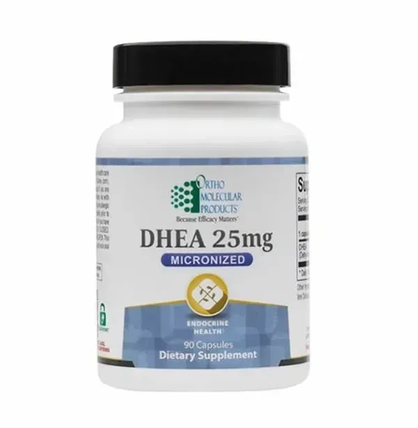 White bottle of DHEA 25mg micronized dietary supplement with black cap and blue label