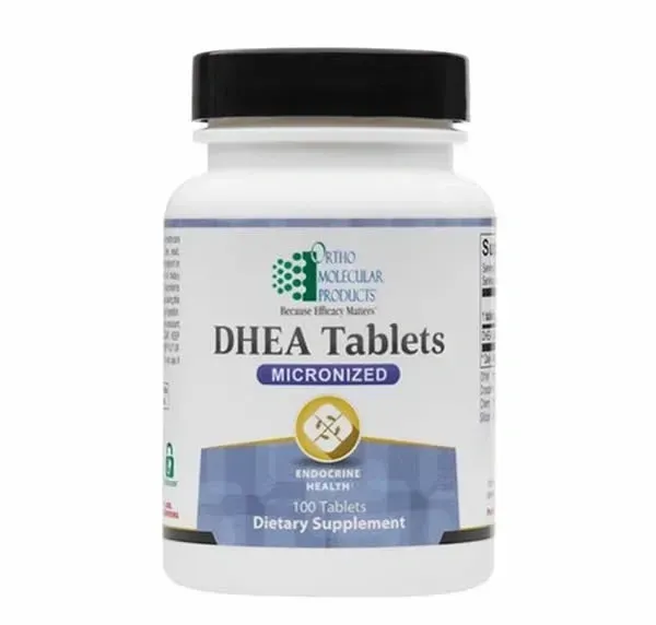 White bottle of micronized DHEA tablets dietary supplement with black cap and blue label