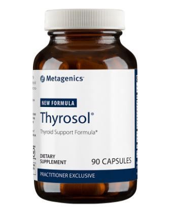 Brown supplement bottle labeled Metagenics Thyrosol, 90 capsules, with white cap