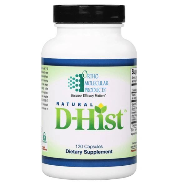 Bottle of Natural D-Hist dietary supplement with black cap and green-blue label.