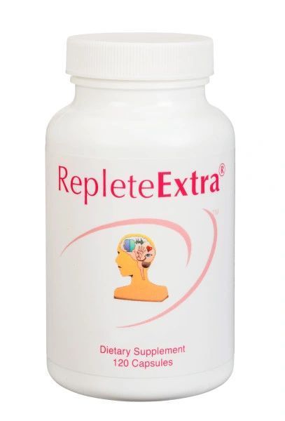 White RepleteExtra dietary supplement bottle with pink label and white cap