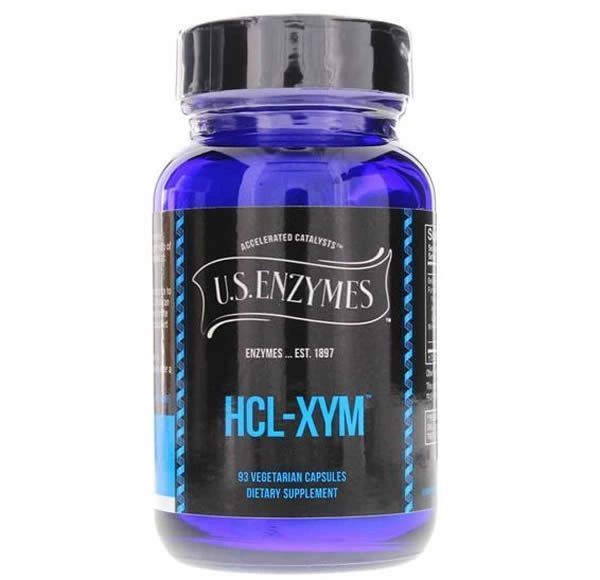 Blue U.S. Enzymes HCL-XYM dietary supplement bottle with black cap on white background