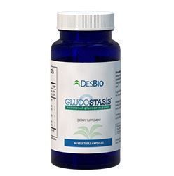 Blue bottle of Desbio Glucostasls dietary supplement capsules with white cap