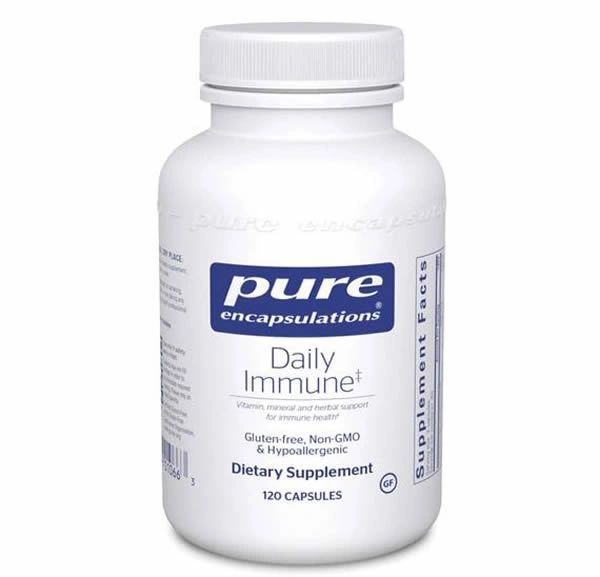 White bottle of Pure Encapsulations Daily Immune dietary supplement capsules