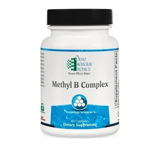 White supplement bottle with black cap labeled “Methyl B Complex” on a blue-and-white design.