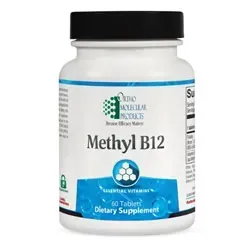 Methyl B12 dietary supplement bottle with white label, blue accents, and black cap