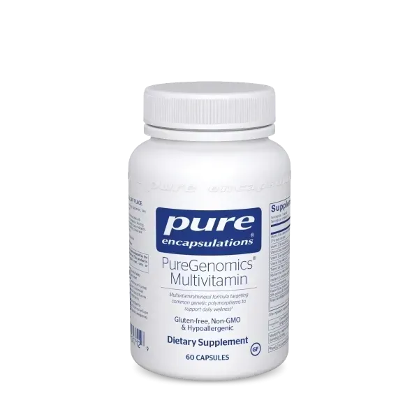 White supplement bottle labeled Pure Encapsulations PureGenomics Multivitamin on a plain background