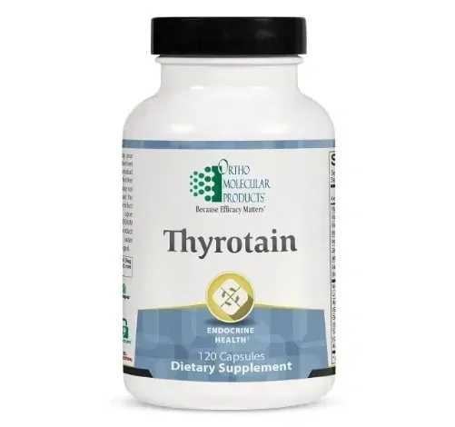 White bottle of Thyrotain dietary supplement with black cap and blue-gray label