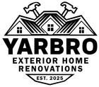 Logo for "Yarbro Exterior Home Renovations" with icons of two hammers over a stylized house roof, est. 2025.