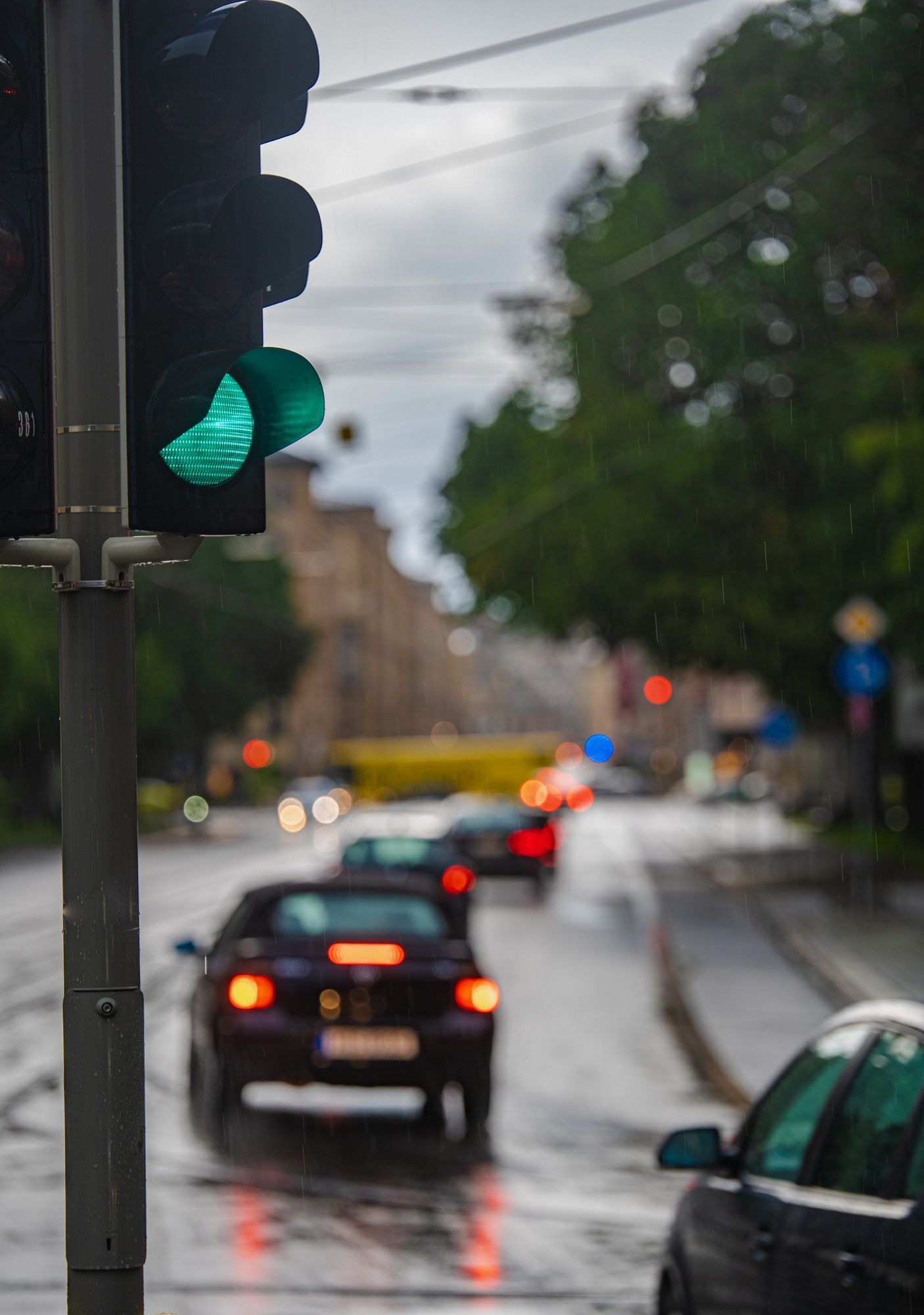 Green traffic light with cars driving on a wet street. Buildings and trees in background.