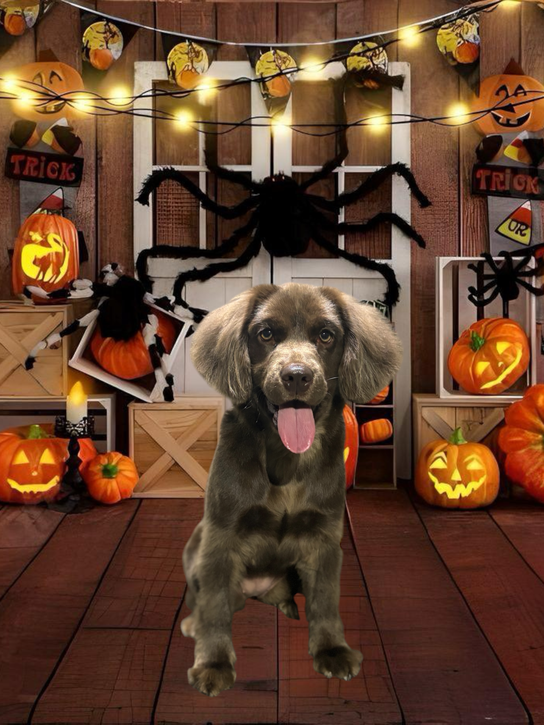 A chocolate-colored puppy with its tongue out sits centered against a Halloween-themed background with pumpkins and spiders.