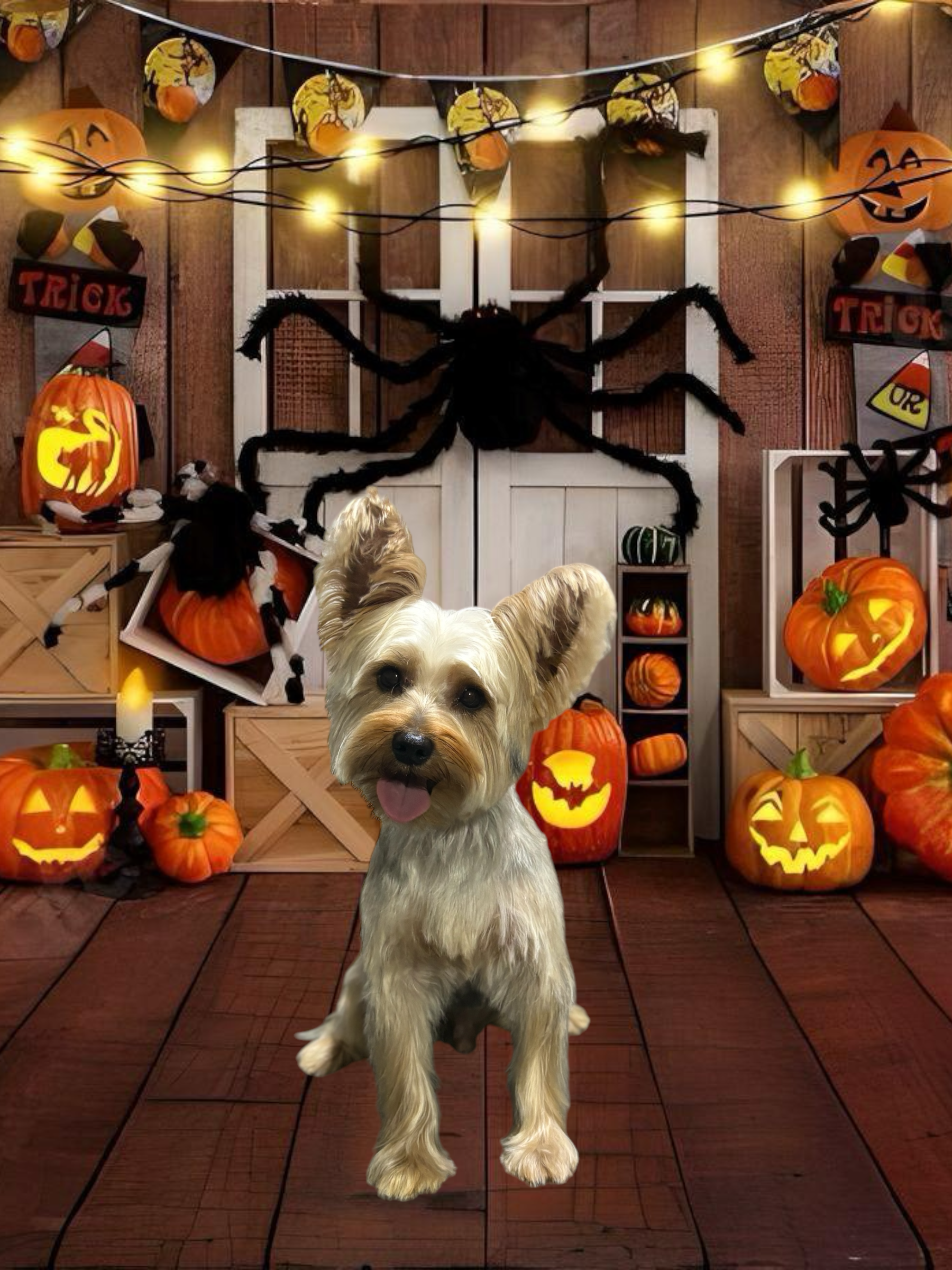 A small, light-colored dog stands on a wood floor in front of a doorway decorated with Halloween pumpkins and a large spider.