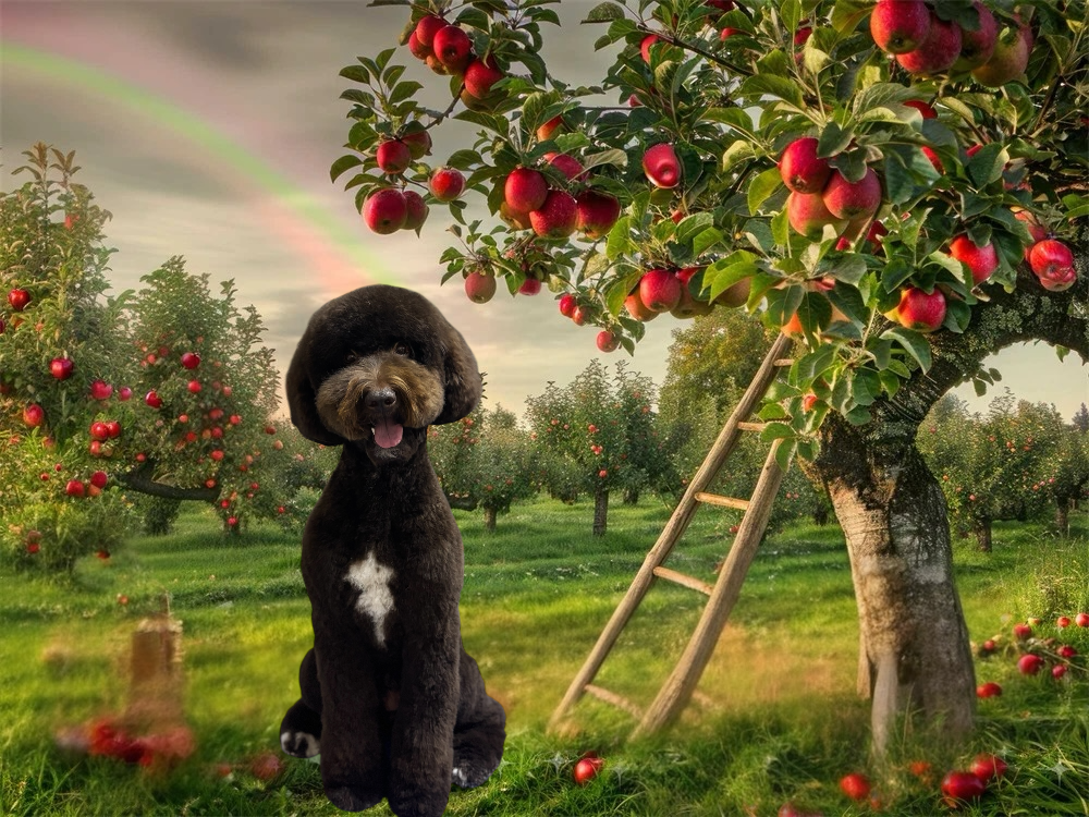 A black dog with a white chest patch sits in an apple orchard with a rainbow in the background and a ladder nearby.