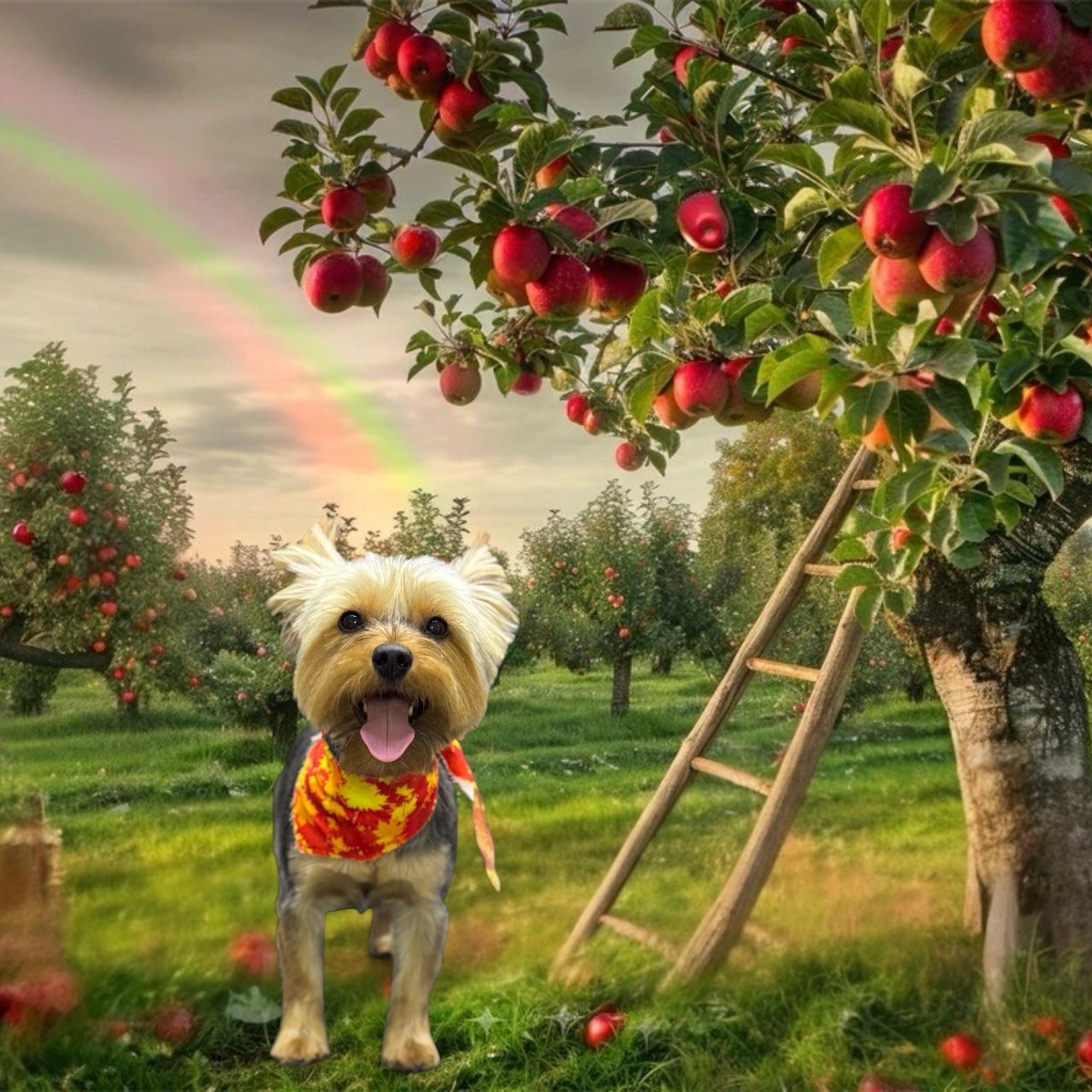 A happy Yorkshire terrier wearing a colorful bandana stands in a sunny apple orchard under a rainbow.
