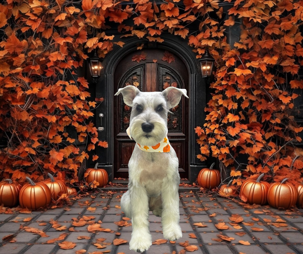 A gray and white schnauzer wearing a pumpkin-patterned bandana sits on a brick porch surrounded by autumn leaves.