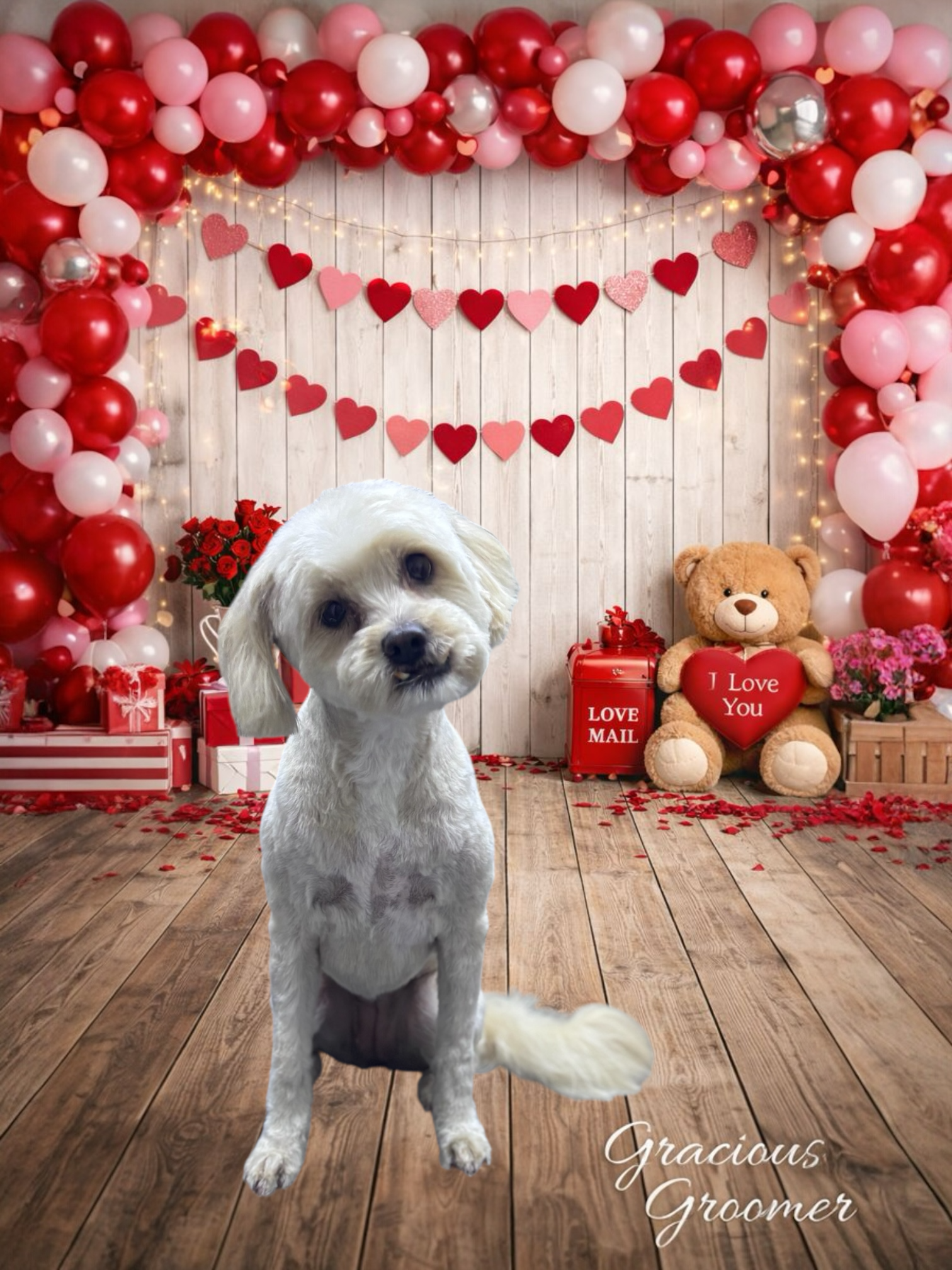 A small, white, fluffy dog sits on a wooden floor in front of a Valentine’s Day backdrop with balloons and a teddy bear.