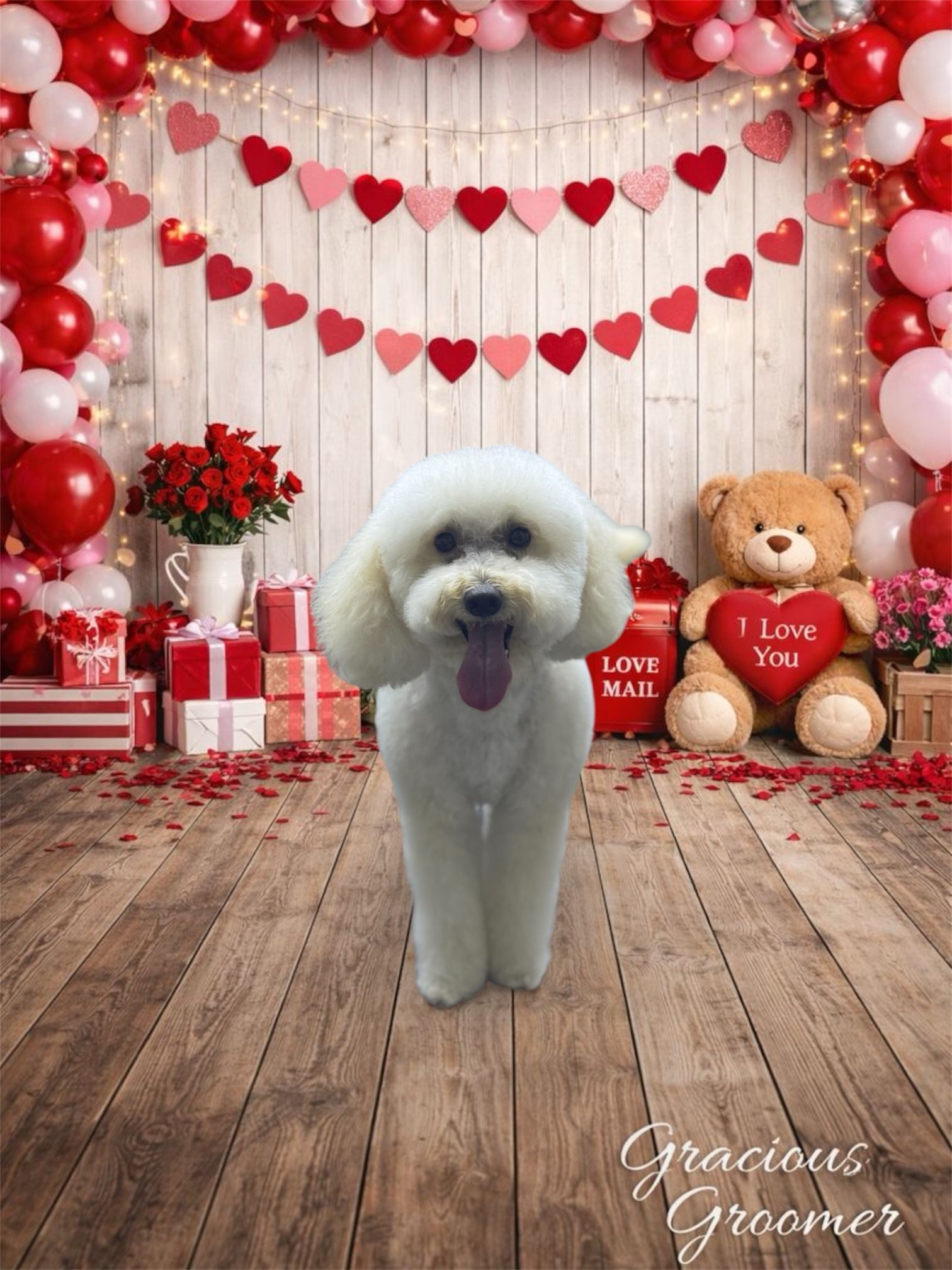 A white fluffy dog stands on a wooden floor in front of a Valentine’s Day backdrop with hearts, balloons, and a teddy bear.