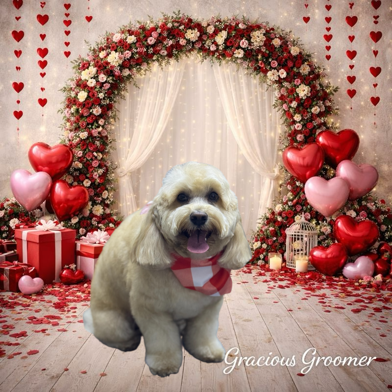 A light-colored dog wearing a red and white bandana, sitting in front of a backdrop with a floral arch and red hearts.