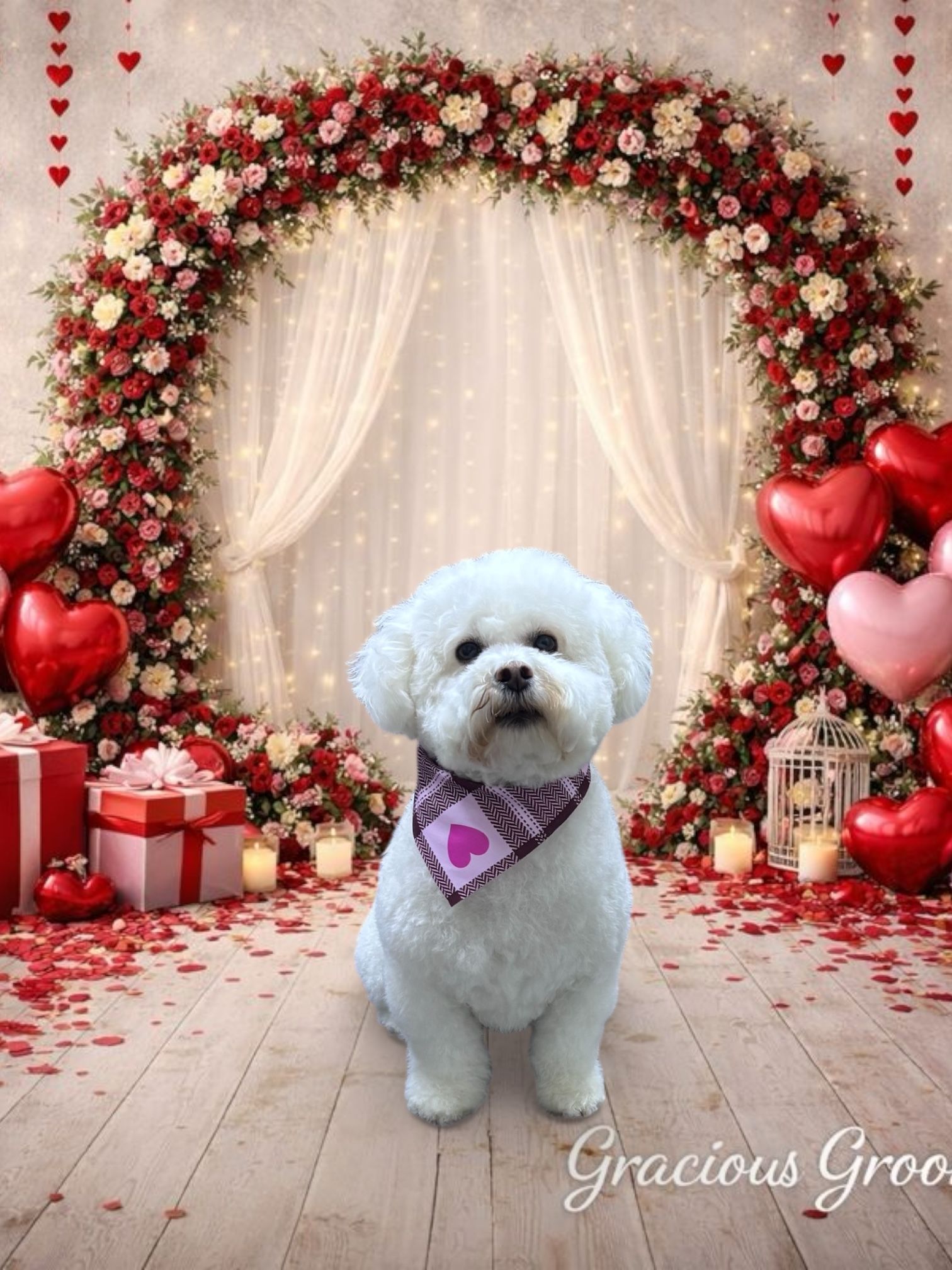 A white Bichon Frise dog with a heart-patterned bandana sits before a floral arch with Valentine's Day decor.
