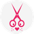 A pink graphic of scissors stylized to look like a face, with two eye-like finger holes, a heart nose, and whisker dots.