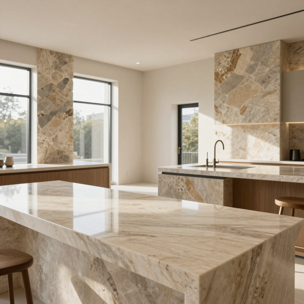 Cocina moderna de color beige con encimeras de piedra, armarios de madera y grandes ventanales que dejan entrar una luz natural suave.