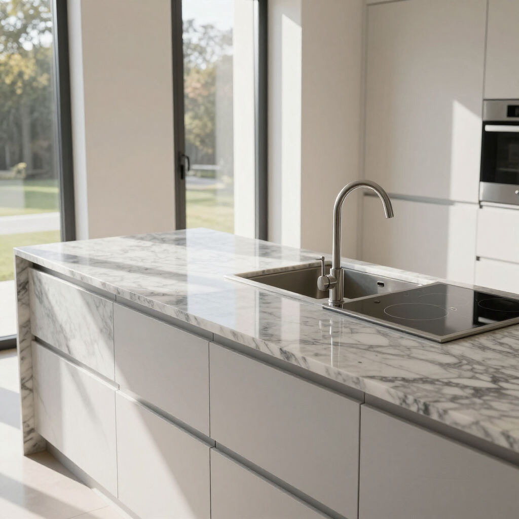 Moderna isla de cocina blanca con encimera de mármol, fregadero y grifo cromado junto a grandes ventanales.