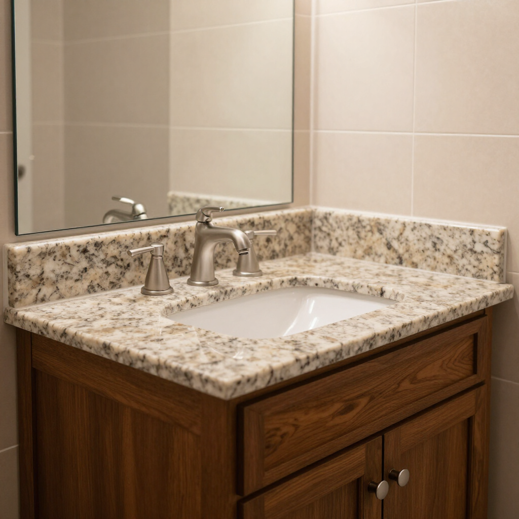 Mueble de baño con lavabo de granito, espejo y paredes de azulejos beige.